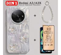 3 in 1 Protezione Schermo Redmi A3, Custodia Redmi A3, Custodia Protettiva per Telefono con Texture Crema e Tie Dye a Forma di Cuore, Pellicola Protezione Lente Fotocamera, Custodia Honor X8C, Redmi 1