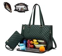 3 in 1 Quilted Tote Bag-15.6 Inch Tote Bag with Lunch Compartmen with Built-In Insulated Section for Laptop & Meals (Green)