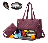 3 in 1 Quilted Tote Bag-15.6 Inch Tote Bag with Lunch Compartmen with Built-In Insulated Section for Laptop & Meals (Wine red)