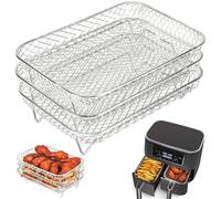 【3 IN 1】Set Professionale Friggitrice ad Aria: 3 Cestelli Inox 304 + Griglia Disidratatore, Cestelli Friggitrice ad Aria, Griglia Antigraffio + Doppio Strato Antiaderente (Lungo 20 cm)