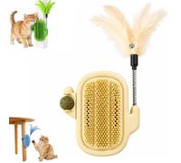 3-in-1 Soft Plastic Cat Corner Groomer with Catnip,Self Grooming Brush with Feather Toy,Cactus Style Wall Mounted Face Scratcher Massage Station,for Daily Grooming and Interactive Plays