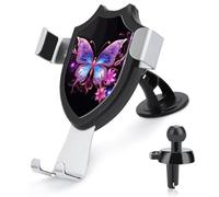 3 in 1 Supporto universale per telefono da auto con ventosa regolabile viola farfalla fiore supporto per telefono cellulare con clip in metallo per ventola parabrezza cruscotto accessori auto