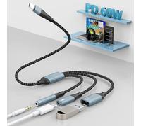 3 in 1 USB-C a 3,5 mm, adattatore USB C a OTG con porta di ricarica USB + tipo C da 3,5 mm, splitter di tipo C per iPhone 16/15/iPad/MacBook/Samsung/chiavetta USB/tastiera/mouse