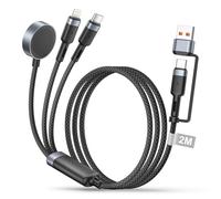 3 in 2 Caricatore per Apple Watch 9/8/7/6/5/4/3/2/SE/Ultra, 2M USB C Cavo Ricarica Apple Watch con Lightning/USB C per iPhone 16/15/14/13/12/11, Cavo Ricarica iWatch e iPhone Magnetico Caricabatterie