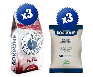 3 kg Caffè Borbone Vending ROSSA + 3 kit eco da 50 zucchero, bicchieri, palette