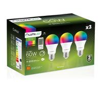 3 lampadine LED E27 A60 9W = 60W 806lm 6500K + RGB Multicolore Dimmerabile a 260