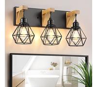 3-Light Farmhouse Vanity Light for Bathroom, Wood Bathroom Light Fixtures Over Mirror, Rustic Sconces Wall Lighting with Elegant Metal Lampshade for Living Room, Bedroom, Hallway