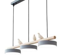 3-Lights LED Linear Pendant Light, E27 Dining Room Table Dimmable Long Strip Chandelier, Nordic Bird Decorate Wood Hanging Lamp for Kitchen Island Farmhouse Hallway(G
