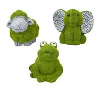 3 Mini Ornamenti Da Giardino - Effetto Erba E Pietra - Rana / Pecora / Elefante