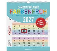 3-Monatsplaner Farbenfroh 2027: Wandkalender 30x34 cm mit 3-Monats-Übersicht, Datumsschieber, Feiertagen & Spiralbindung, ideal für Familie, Büro & Alltag