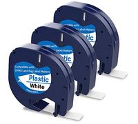 3 nastri per etichette in plastica compatibili con Dymo Letratag Tape per etichettatrice Dymo Letra Tag LT-100H 100T QX50, 12 mm x 4 m, nero su bianco
