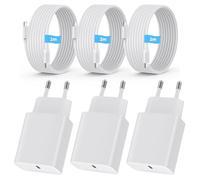3-Pack Caricabatterie USB-C 20W + Cavo da 2m USB-C/L - Compatibile con i-Phone 15/14/13/12 Pro Max Mini, Sam-sung Galaxy S23/S22, Air-Pods Pro, i-Pad Presa EU compatta bianca