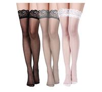 3 Paia Calze Autoreggenti da Donna Calze di Pizzo in Silicone (Nero, Bianco, Grigio, S-M)