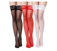 3 Paia Calze Autoreggenti da Donna Calze di Pizzo in Silicone (Nero, Bianco, Rosso,S - M)