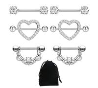 3 paia di anelli per capezzoli con 1 sacchetto di velluto, pizzo, pietra brillante a forma di cuore, gioielli per piercing ai capezzoli, bastoncino per capezzoli in acciaio inossidabile (argento)