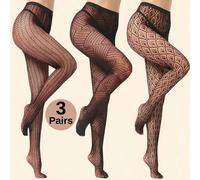 3 paia di calze a rete nere per donne - leggings a vita alta traforati, calze a rete elastiche, pantaloni a rete con motivo geometrico, collant trasparenti traforati, calze sexy nere. Collant e leggin