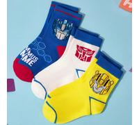 3 paia di calzini a mezza gamba in cotone morbidi e traspiranti, che assorbono l'umidità, per bambini, con motivi dei personaggi dei cartoni animati Autobots blu, gialli e bianchi, con punta e tallone