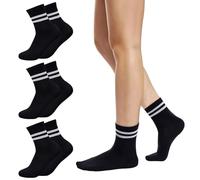 3 paia di calzini a tinta unita con due strisce, casual, sportivi, vintage, retrò, da corsa, in cotone, per donne e ragazze, A 3 paia - Nero, Taglia unica