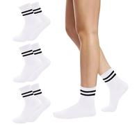 3 paia di calzini a tinta unita con due strisce, casual, sportivi, vintage, retrò, da corsa, in cotone, per donne e ragazze, A 3 paia - Bianco, Taglia unica