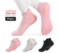 3 paia di calzini antiscivolo per yoga, pilates, da donna, antiscivolo, in cotone traspirante, per yoga, sbarra, danza, piedi nudi, allenamento, gravidanza, fitness e balletto, Nero/Grigio/Rosa, One