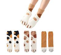 3 paia di calzini natalizi da donna, in cotone, invernali, caldi, per Natale, motivo cartoni animati, renna, fiocco di neve, Babbo Natale, per donne, 3 impronte di gatto, 36-40