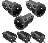3 paia di connettori Schuko: 250 V, 16 A, IP54, set di accoppiamento Schuko, connettore di protezione, spina a 2 poli, esterno impermeabile, nero, spina Schuko e giunto in gomma senza cavo