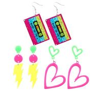 3 Paia di Orecchini al Neon Anni '80 e '90 per Donna, Orecchini Pendenti Al Neon con Nastro a Cuore Retrò Fulmini Accessori Feste a Tema Anni '80 e '90 Gioielli Luminosi per Feste