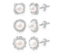 3 paia Orecchini da donna con perle d’acqua dolce, Orecchini di Perle Sfera Rotonda, Orecchini a Cerchio Con Perle Bianche in Argento Sterling 925 Ipoallergenici Perla earrings