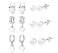 3 paia Orecchini di Perle da Donna in Argento 925 Orecchini set, Orecchini di Perle Sfera Rotonda, perle bianche, Perla Semplici Borchie D'acqua Dolce Orecchini di Perle set per donne, ragazze