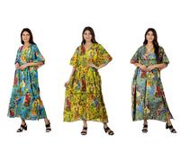 3 PC Indiano Stampa Floreale Cotone Hippie Maxi Pigiami da Donna Abito Caftano