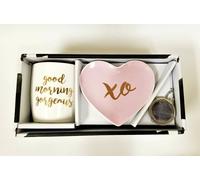 3 PC Tè Set,Mug " Good Morning Splendido ",Infusore,Cuore Targa Xo Rosa,Bianco