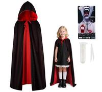 3 Pcs Costume da Vampiro per Halloween, Mantello con Cappuccio, Denti da Vampiro e Sangue Finto, 120/140/160 cm Mantello Halloween vampire rosso e nero Costume Dracula adulti,donne ragazze (L:160CM)
