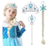 3 PCS Elsa Nuovi Accessori per Vestire Principessa Cerchietti per capelli da principessa, Parrucche lunghe intrecciate da principessa, per Cosplay, con Diadema, Bacchetta Magica