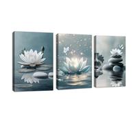 3 Pcs Quadri Grigio blu Zen In fiore sulle pietre nel lago Stampa su Tela Con Cornice Quadro Bianco Loto I fiori Meditazione pittura su tela poster da parete Decor Murale Lo Yoga Spa Camera 30x40cmx3