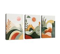 3 Pcs Quadri Verde Boho Montagna Sole Pianta Stampa su Tela Con Cornice Quadro Deserto Tramonto Paesaggio Botanico Pittura su tela poster da parete Decor Murale Soggiorno Camera da letto 40x60cmx3