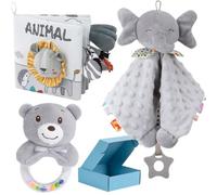 3 PCS Set Regalo Neonato, Ragazzo e Ragazza, Coperta Doudou e Peluche Bambino + Libro Sensoriale Texture Morbida + Sonaglio, Regalo Neonato 0-6-12 Mesi Originale (Pack 3)