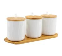 3 Pcs Zuccheriera in Ceramica, Contenitore per Spezie da 300ml con Cucchiaio e Coperchio in Legno, Vasetti da Condimento per Casa e Cucina, Adatta per Zucchero, Formaggio