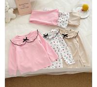 3 pezzi/6 pezzi Set di maglietta a maniche lunghe con colletto Peter Pan e pantaloni a zampa per ragazze, combinazione di bianco, albicocca e rosa, versatile per uso quotidiano in autunno 6Y,7Y,4Y,5YP