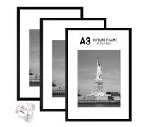 3 Pezzi A3 Nero Cornice Fotografica, Legno, Plexiglas, Poster Versatile Cornice Fotografica per Camera e Soggiorno, 29,7 x 42 cm