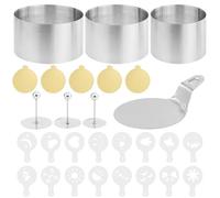 3 pezzi anelli da dessert in acciaio inox, coppapasta tondi, anelli per torte, con 5 basi di mousse, 1 piastra a pressione mousse, 16 stencil con motivi, per torta mousse, biscotti, palline di riso