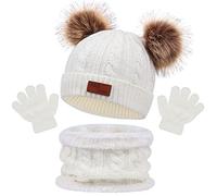3 Pezzi Bambini Inverno Beanie Cappello Sciarpa Guanti Set Termico Maglia Crochet Spessa Pom Kids Beanie Cappello Sciarpa Guanti 3 in 1, per 1-6 Anni Ragazzi Ragazze (Bianco)