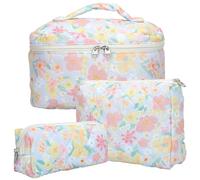 3 Pezzi Beauty Case, Floreale Grande Capacità per Il Trucco, Borsa da Toilette Trapuntata, Beauty Case da Viaggio Cotone Morbido, Beauty Trapuntato Grandei da Toilette Makeup Bag Organizer