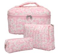 3 Pezzi Beauty Case, Floreale Grande Capacità per Il Trucco, Borsa da Toilette Trapuntata, Beauty Case da Viaggio Cotone Morbido, Beauty Trapuntato Grandei da Toilette Makeup Bag Organizer