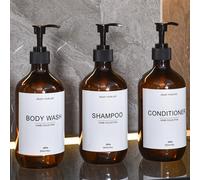 3 pezzi Bottiglie ricaricabili da 500ml/16,9oz per shampoo e balsamo con pompa, etichette impermeabili, per casa, hotel, bagno, decorazione autunnale, ritorno a scuola L,Bottiglia marrone da tre pezzi
