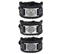 3 pezzi bracciali in pelle medievale nera, bracciali in pelle con martello di Thor vichingo, Bracciali vintage in pelle di drago volante, bracciali con polsini nordici con nodo irlandese