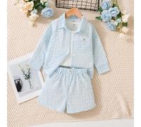 3 pezzi Camicia blu per ragazze giovani con bottoni e dettaglio con lettere, set di shorts e canottiera bianca 6Y,7Y,4Y,5YColore unicoTessuto