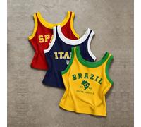 3 pezzi Canotta da donna con stampa grafica slogan Brasile Italia Spagna e scollo rotondo 1XL,2XL,3XL,4XLLettereTessuto in maglia