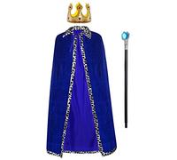 3 pezzi cappotto regina cappotto di velluto + corona re regina + scettro per donna Halloween adulti teatro carnevale cosplay travestimento (blu, 49,2 in 125 cm)