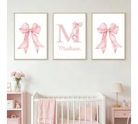 3 pezzi cartellone personalizzato con nome e stampa fiocco rosa, opera d'arte da parete moderna e minimalista, decorazione da parete elegante e carina per camera da letto di ragazze, soggiorno, regalo