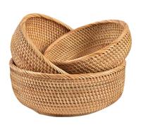 3 Pezzi Cestino Portaoggetti in Rattan, Cesto Rotondo in Vimini Naturale, Cesto di Intrecciato Decorativo per Cucina, Soggiorno (Rotondo)